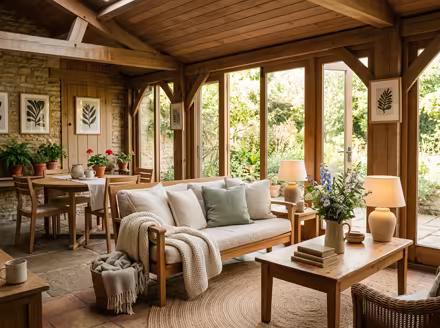 AI-generated cozy cottage patio interior design: soft linen and wool textiles in cream and sage green