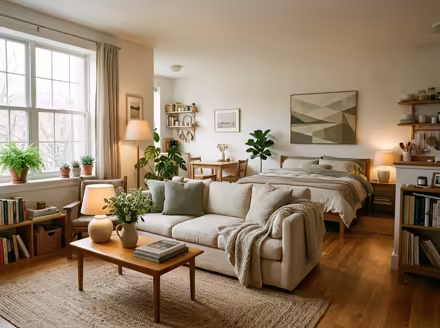 AI-generated cozy cottage studio apartment interior design: soft linen and wool textiles in cream and sage green