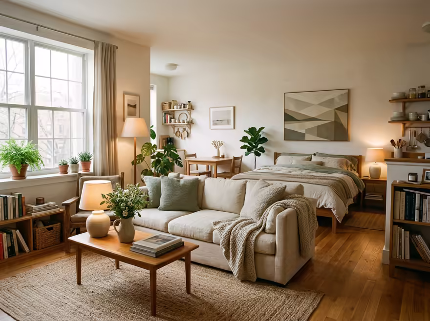 AI-generated cozy cottage studio apartment interior design: soft linen and wool textiles in cream and sage green