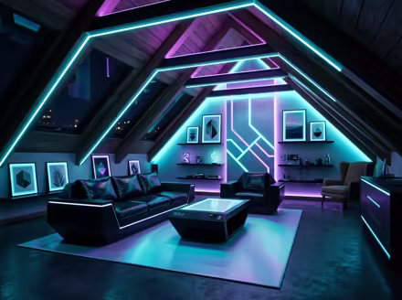 AI-generated cyberpunk attic interior design: a dark room lit by neon LED strips in purple and cyan