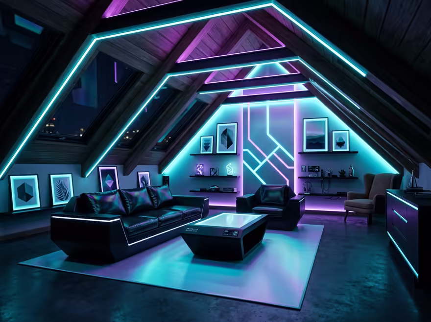 AI-generated cyberpunk attic interior design: a dark room lit by neon LED strips in purple and cyan