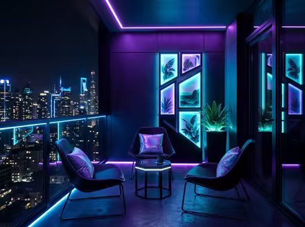AI-generated cyberpunk balcony interior design: a dark room lit by neon LED strips in purple and cyan