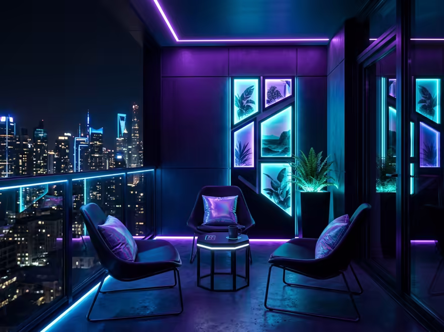 AI-generated cyberpunk balcony interior design: a dark room lit by neon LED strips in purple and cyan