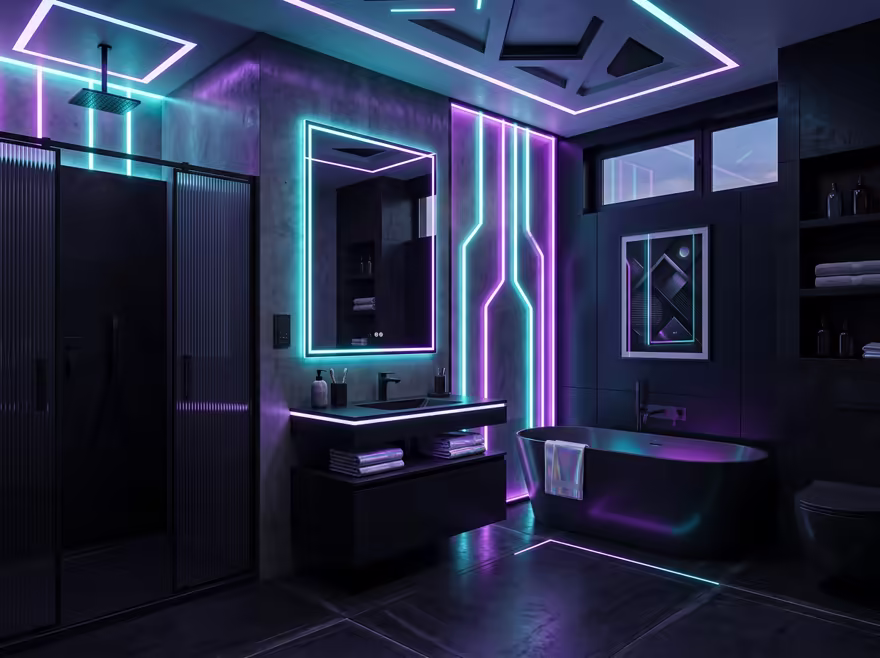 AI-generated cyberpunk bathroom interior design: a dark room lit by neon LED strips in purple and cyan