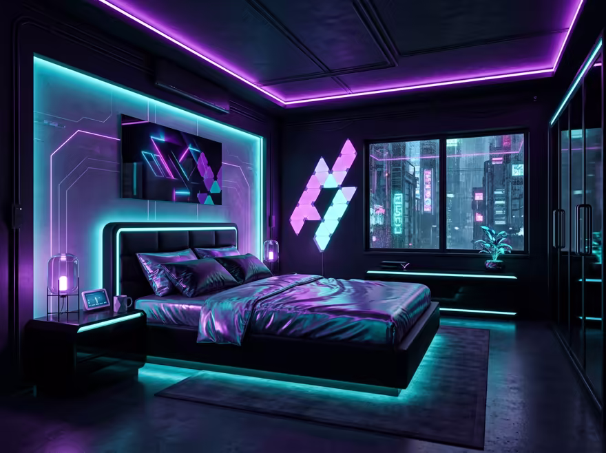 AI-generated cyberpunk bedroom interior design: a dark room lit by neon LED strips in purple and cyan