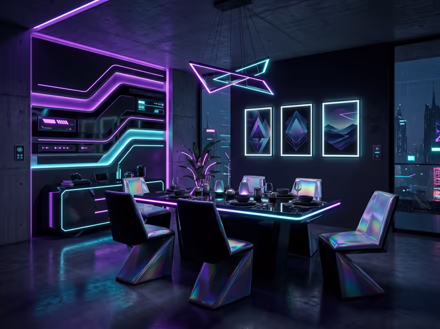 AI-generated cyberpunk dining room interior design: a dark room lit by neon LED strips in purple and cyan
