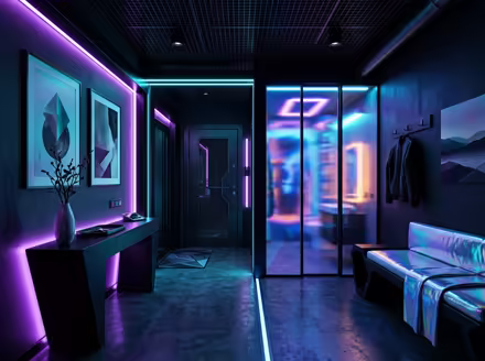 AI-generated cyberpunk entryway interior design: a dark room lit by neon LED strips in purple and cyan