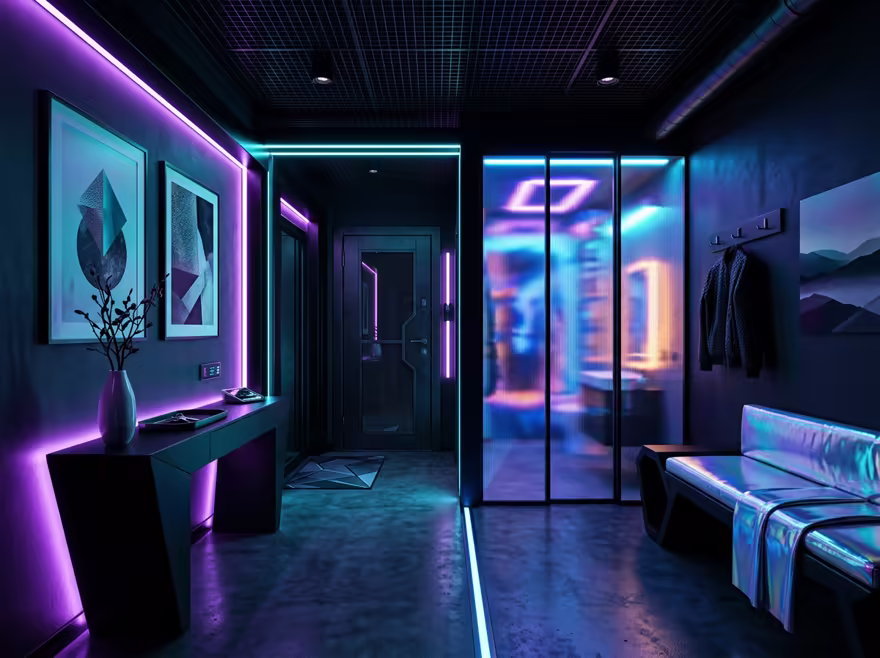AI-generated cyberpunk entryway interior design: a dark room lit by neon LED strips in purple and cyan