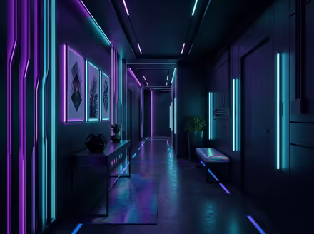 AI-generated cyberpunk hallway interior design: a dark room lit by neon LED strips in purple and cyan