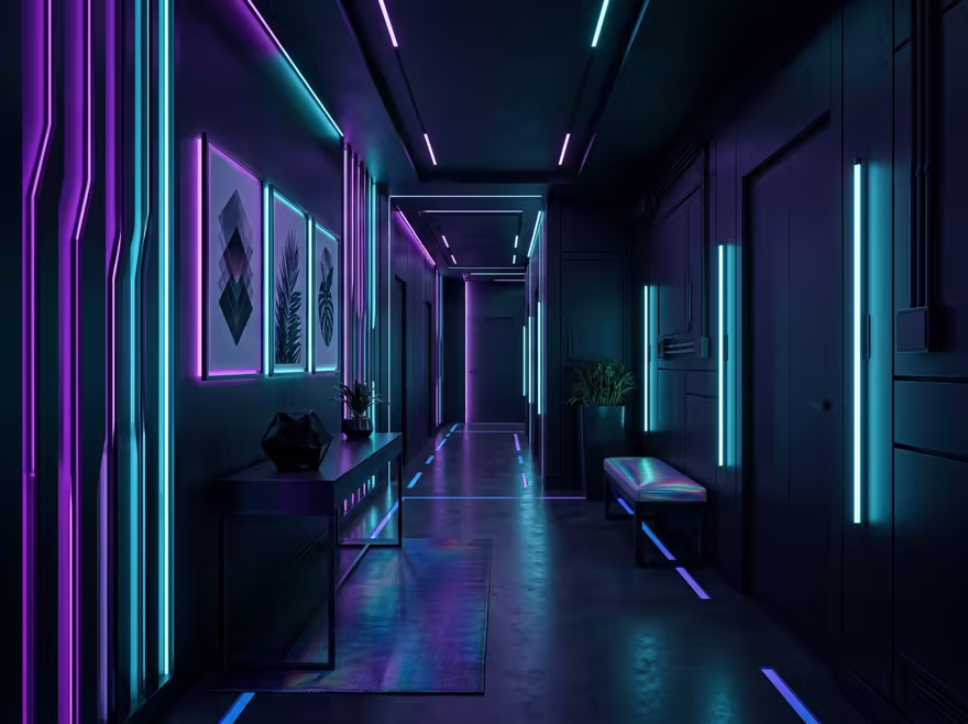 AI-generated cyberpunk hallway interior design: a dark room lit by neon LED strips in purple and cyan