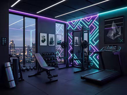 AI-generated cyberpunk home gym interior design: a dark room lit by neon LED strips in purple and cyan