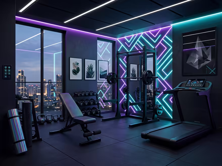AI-generated cyberpunk home gym interior design: a dark room lit by neon LED strips in purple and cyan
