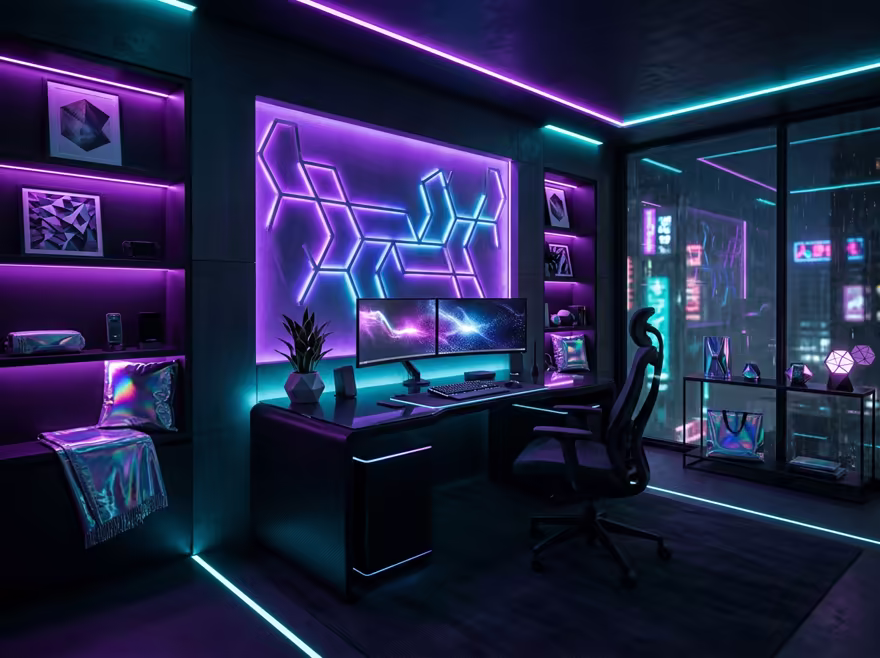 AI-generated cyberpunk home office interior design: a dark room lit by neon LED strips in purple and cyan