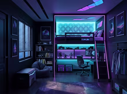 AI-generated cyberpunk kids room interior design: a dark room lit by neon LED strips in purple and cyan