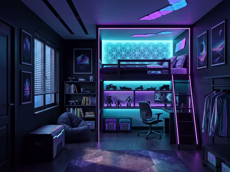 AI-generated cyberpunk kids room interior design: a dark room lit by neon LED strips in purple and cyan