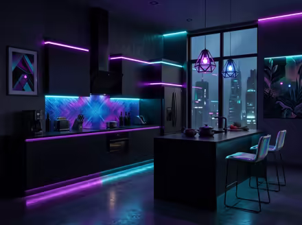 AI-generated cyberpunk kitchen interior design: a dark room lit by neon LED strips in purple and cyan