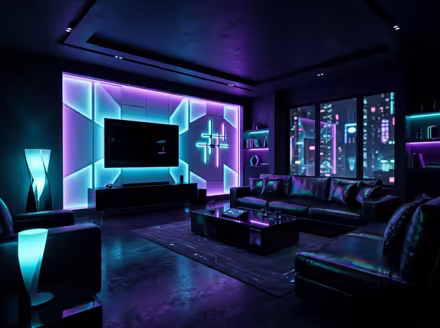 AI-generated cyberpunk living room interior design: a dark room lit by neon LED strips in purple and cyan