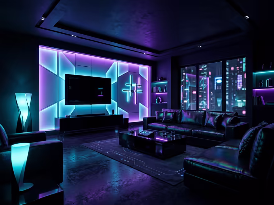 AI-generated cyberpunk living room interior design: a dark room lit by neon LED strips in purple and cyan