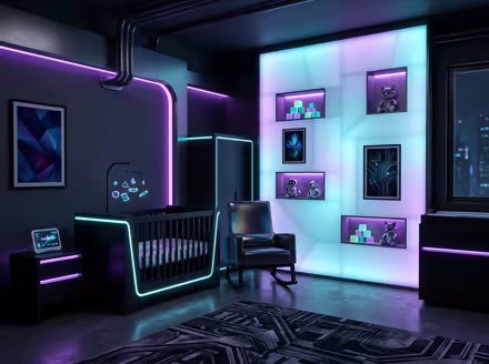 AI-generated cyberpunk nursery interior design: a dark room lit by neon LED strips in purple and cyan