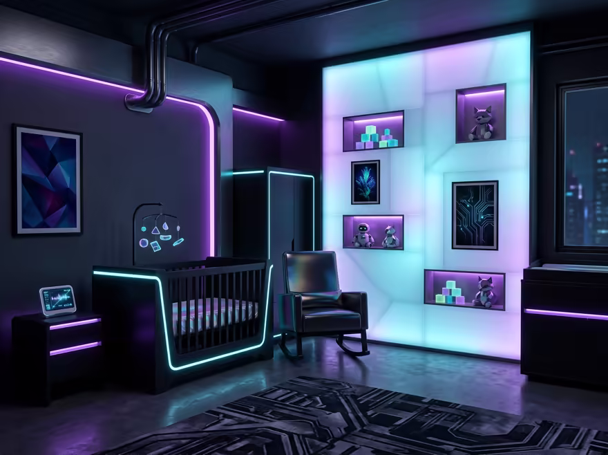 AI-generated cyberpunk nursery interior design: a dark room lit by neon LED strips in purple and cyan