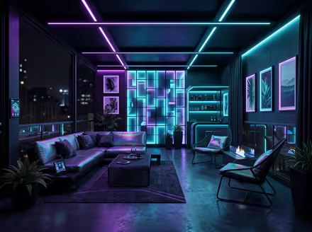 AI-generated cyberpunk patio interior design: a dark room lit by neon LED strips in purple and cyan