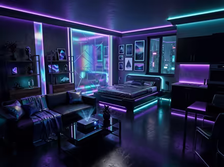 AI-generated cyberpunk studio apartment interior design: a dark room lit by neon LED strips in purple and cyan