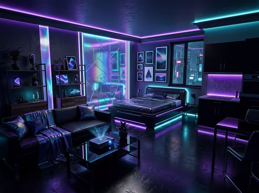 AI-generated cyberpunk studio apartment interior design: a dark room lit by neon LED strips in purple and cyan