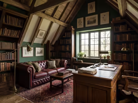 AI-generated dark academia attic interior design: floor-to-ceiling dark wood bookshelves filled with old books