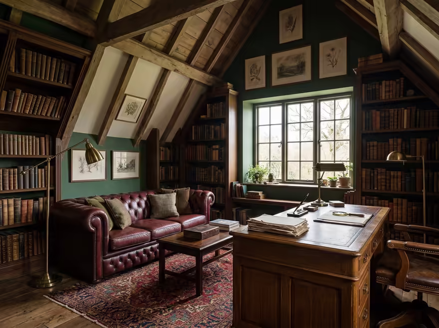 AI-generated dark academia attic interior design: floor-to-ceiling dark wood bookshelves filled with old books