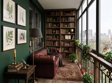 AI-generated dark academia balcony interior design: floor-to-ceiling dark wood bookshelves filled with old books