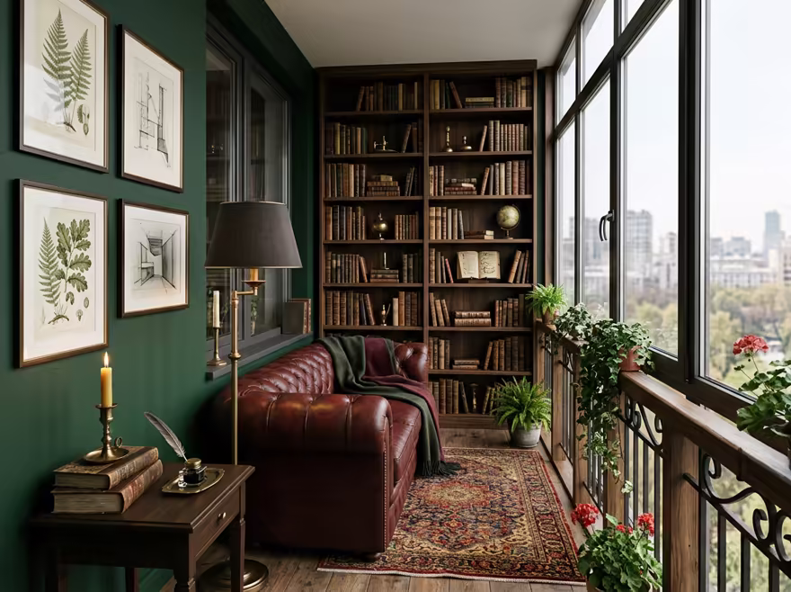 AI-generated dark academia balcony interior design: floor-to-ceiling dark wood bookshelves filled with old books