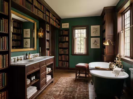 AI-generated dark academia bathroom interior design: floor-to-ceiling dark wood bookshelves filled with old books