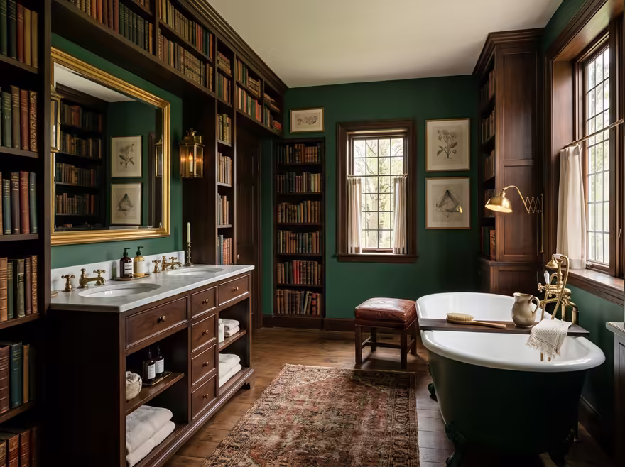 AI-generated dark academia bathroom interior design: floor-to-ceiling dark wood bookshelves filled with old books