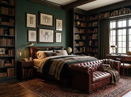 AI-generated dark academia bedroom interior design: floor-to-ceiling dark wood bookshelves filled with old books