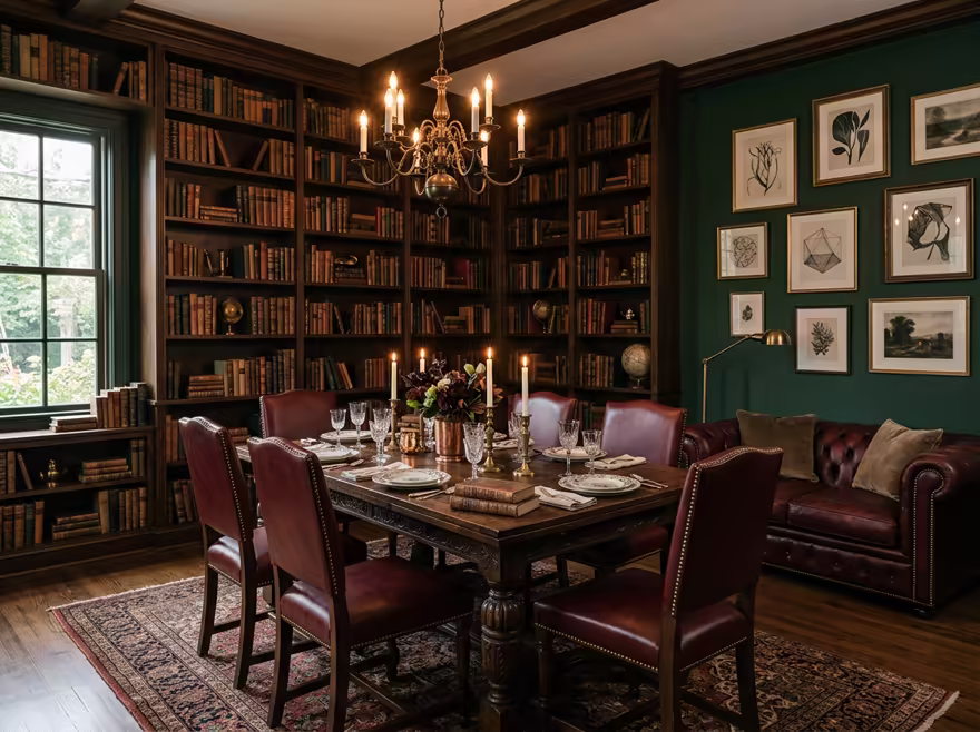 AI-generated dark academia dining room interior design: floor-to-ceiling dark wood bookshelves filled with old books