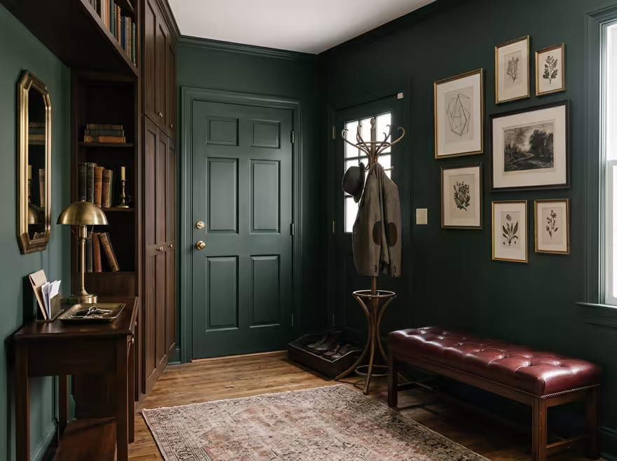 AI-generated dark academia entryway interior design: floor-to-ceiling dark wood bookshelves filled with old books