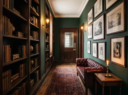 AI-generated dark academia hallway interior design: floor-to-ceiling dark wood bookshelves filled with old books