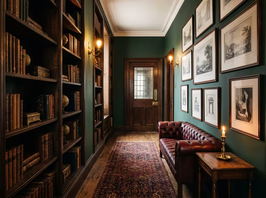AI-generated dark academia hallway interior design: floor-to-ceiling dark wood bookshelves filled with old books