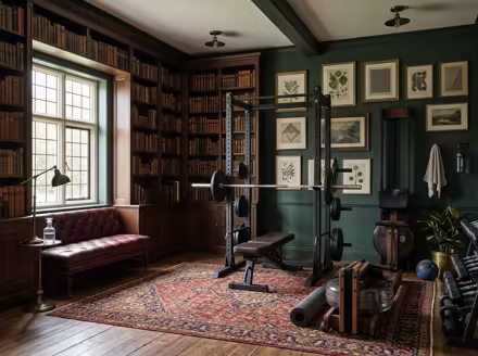 AI-generated dark academia home gym interior design: floor-to-ceiling dark wood bookshelves filled with old books