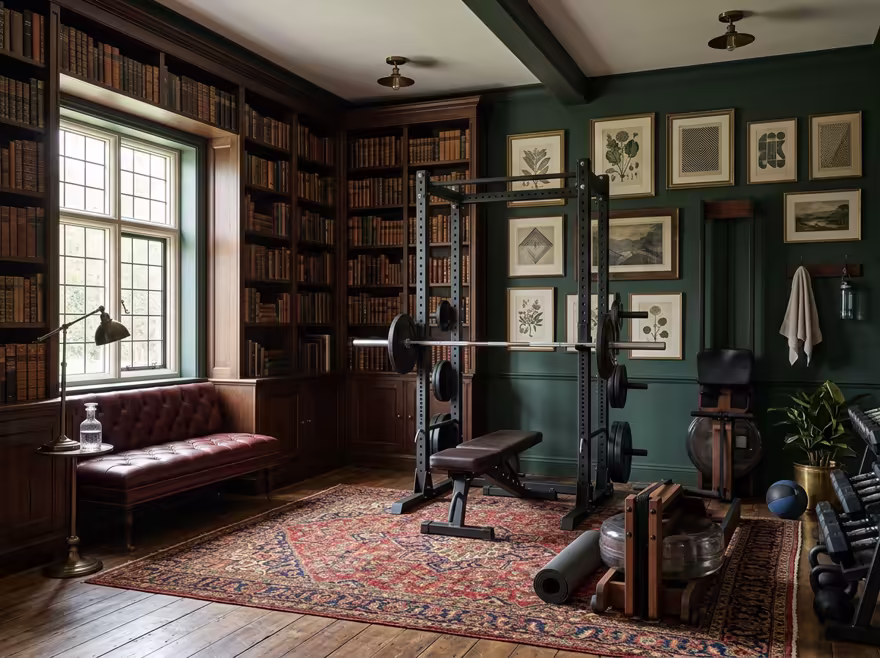 AI-generated dark academia home gym interior design: floor-to-ceiling dark wood bookshelves filled with old books