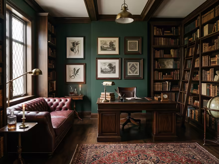 AI-generated dark academia home office interior design: floor-to-ceiling dark wood bookshelves filled with old books
