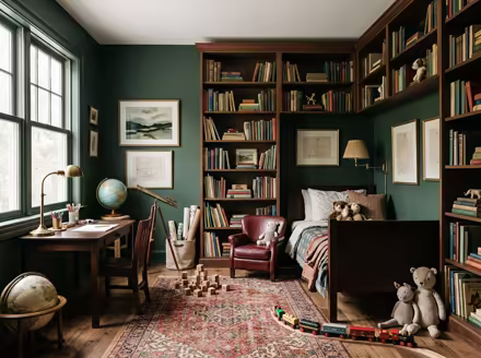 AI-generated dark academia kids room interior design: floor-to-ceiling dark wood bookshelves filled with old books
