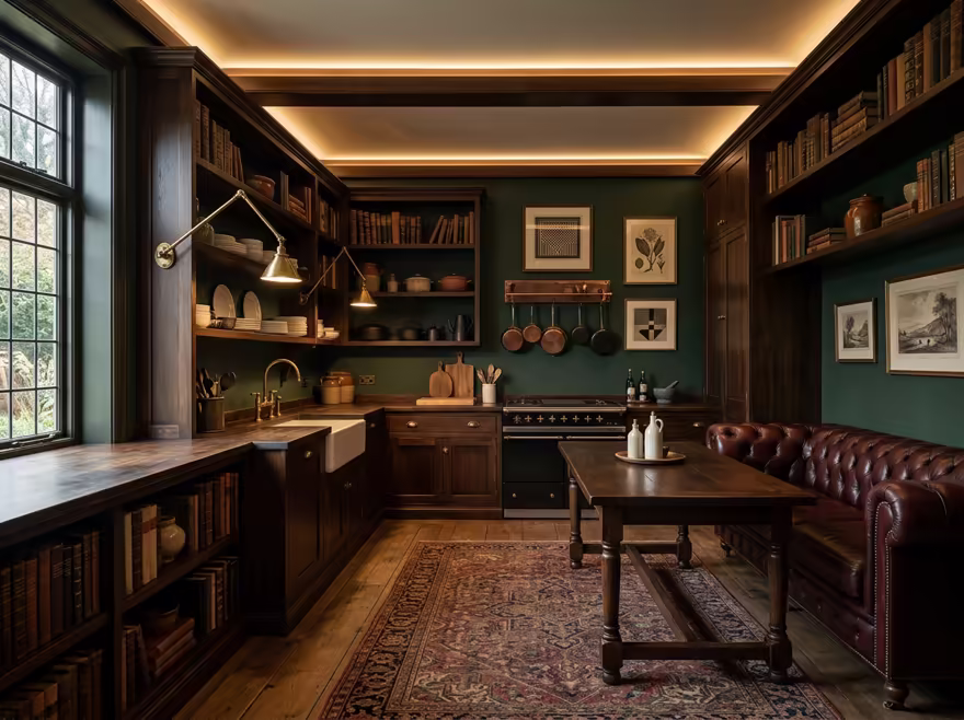 AI-generated dark academia kitchen interior design: floor-to-ceiling dark wood bookshelves filled with old books
