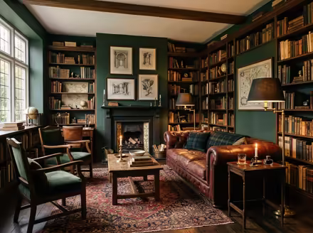 AI-generated dark academia living room interior design: floor-to-ceiling dark wood bookshelves filled with old books