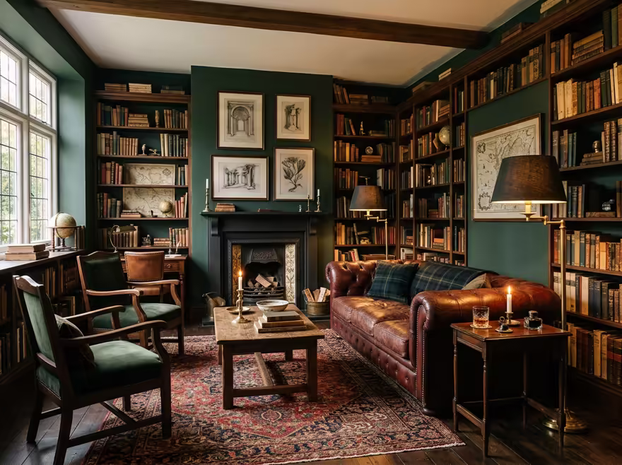 AI-generated dark academia living room interior design: floor-to-ceiling dark wood bookshelves filled with old books
