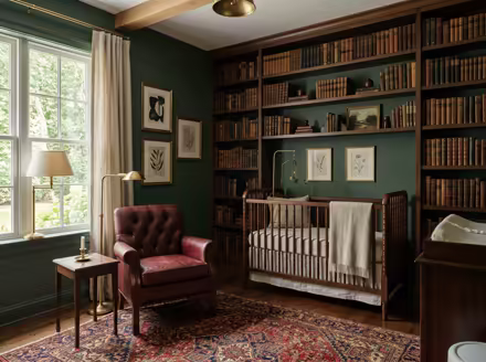AI-generated dark academia nursery interior design: floor-to-ceiling dark wood bookshelves filled with old books