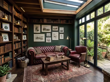 AI-generated dark academia patio interior design: floor-to-ceiling dark wood bookshelves filled with old books