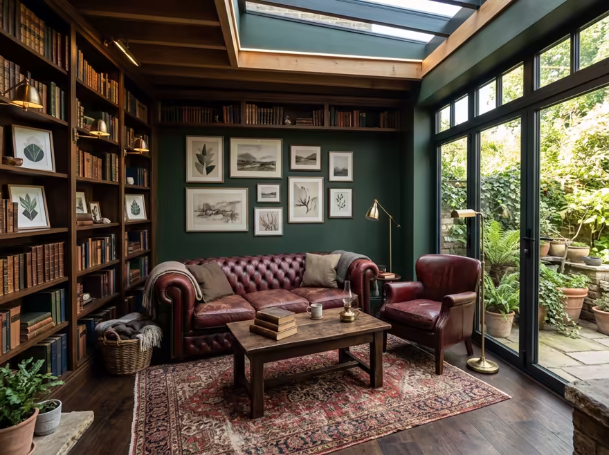 AI-generated dark academia patio interior design: floor-to-ceiling dark wood bookshelves filled with old books