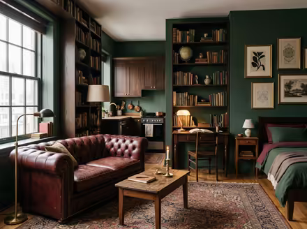 AI-generated dark academia studio apartment interior design: floor-to-ceiling dark wood bookshelves filled with old books