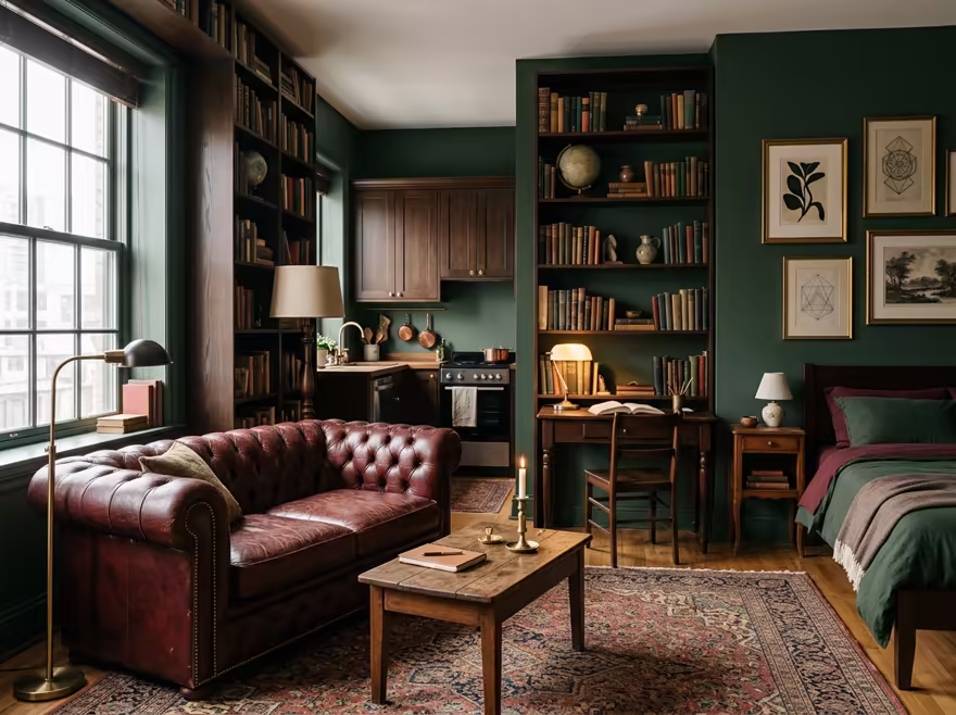 AI-generated dark academia studio apartment interior design: floor-to-ceiling dark wood bookshelves filled with old books